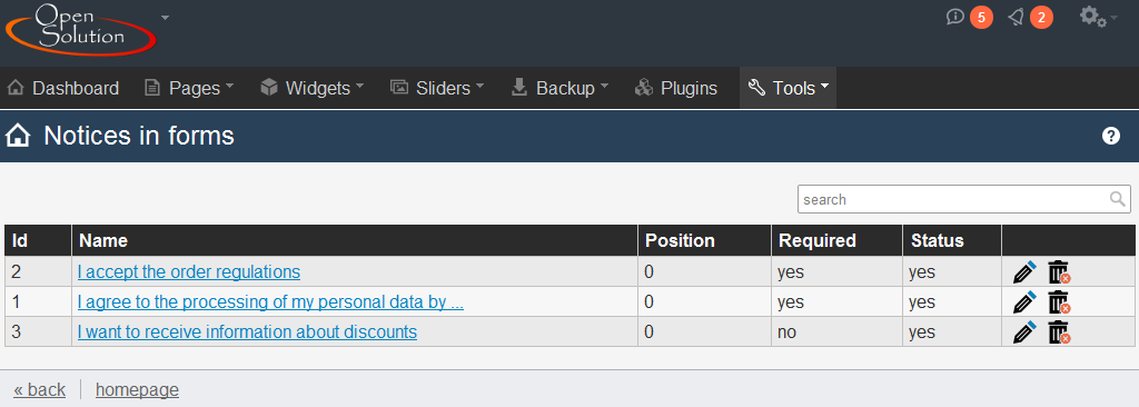 List of notices in forms