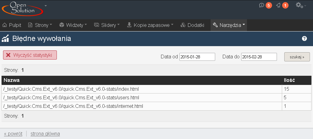 Lista statystyki błędnych wywołań